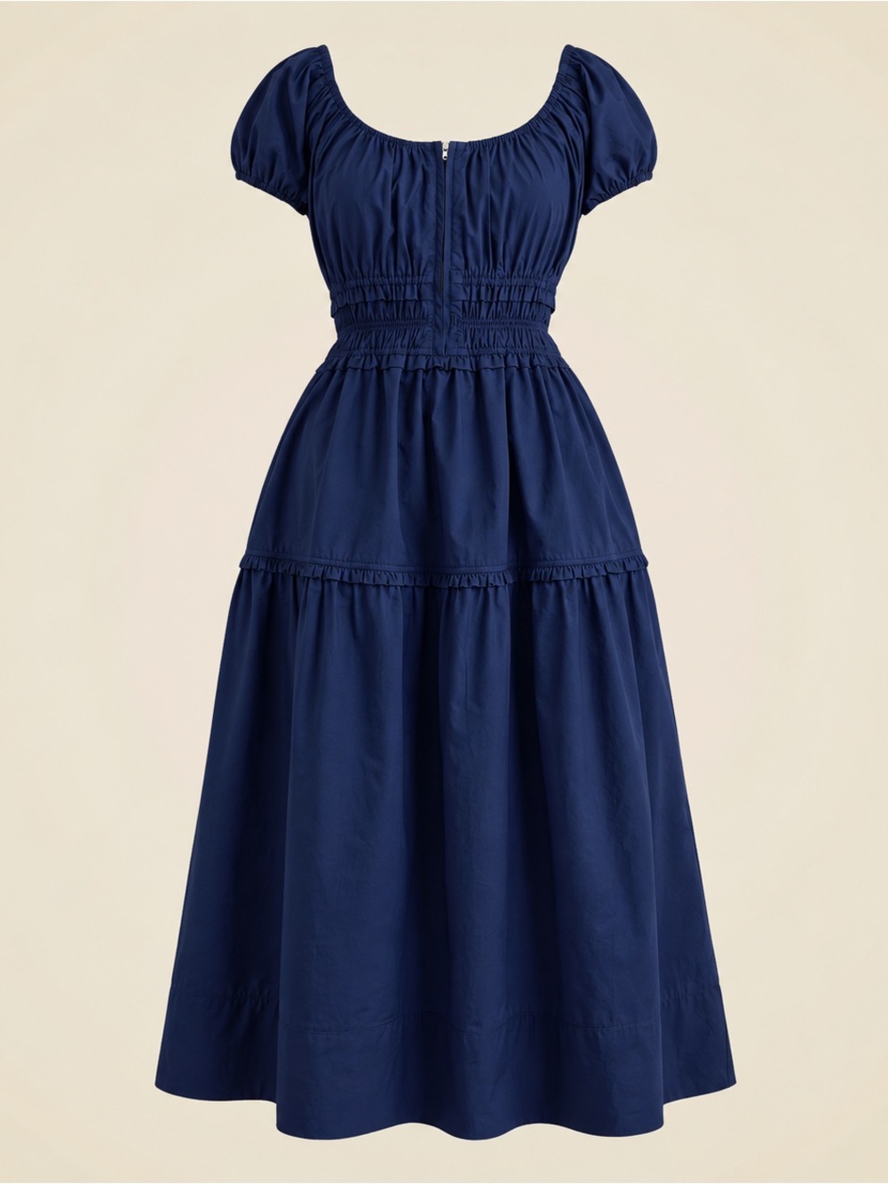 J.Crew Navy Blue Cotton Poplin Tiered Midi Dress Smocked Puff Sleeve XS